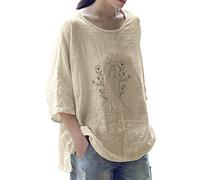 Baumwoll Leinen Longshirt Damen Übergroße Oberteile mit 3/4 Ärmeln Vintage Handbewegung Druck Tshirt Dreiviertelärmel Pullover mit Rundhals Große Größen Longtops All-Match Bluse Shirt Blusentop