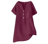 Baumwoll-Leinen-Oberteil für Damen, modisch, Knopfleiste, V-Ausschnitt, leicht, kurzärmelig, übergroße T-Shirts, Urlaub, Freizeit, Sommerhemden, einfarbig, Übergröße, Tunika-Bluse mit Taschen, wein