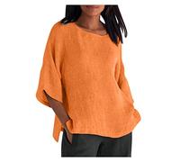 Baumwoll Leinen Oberteile Damen Vintage einfarbiges Basic Shirt Rundhalsausschnitt 3/4-Ärmeln T-Shirt Leichter Frühlings Herbst Pullover Dreiviertelärmel Sommer Tops Lose Bluse in Übergröße S-5XL