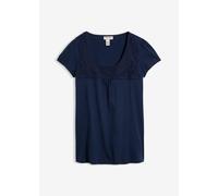 T-Shirt BONPRIX, Damen, Gr. 44/46 (L), blau (dunkelblau), Jersey, Obermaterial: 100% Baumwolle. Spitze: 100% Baumwolle, unifarben, figurumspielend hüftlang, Rundhals, Shirts T-Shirt, bequeme Passform,