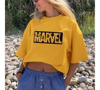 Baumwoll-T-Shirt mit Rundhalsausschnitt und Marvel-Co-Branding für Damen, klassischer Logo-Aufdruck "Marvel Heroes Assemble", Schößchen-Top für Damen