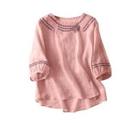 Baumwolle Leinen Shirt Damen 3/4 Arm - Stickerei Bluse Damen, Boho T Shirt Sommer Lässig Lockere Tshirt Freizeit Leicht Luftig Oberteile Tunika Sommershirts Oversize T-Shirt Bohemian