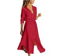 Baumwolle Leinen Sommerkleid Damen Einfarbig Vintage Blusenkleid Revers Hemdkleid Langarm Maxikleid Strandkleid Leinenkleid mit Kordelzug Einreihiges Shirt Kleid Freizeitkleid Große Größen 5XL