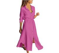 Baumwolle Leinen Sommerkleid Damen Einfarbig Vintage Blusenkleid Revers Hemdkleid Langarm Maxikleid Strandkleid Leinenkleid mit Kordelzug Einreihiges Shirt Kleid Freizeitkleid Große Größen 5XL