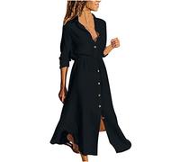 Baumwolle Leinen Sommerkleid Damen Einfarbig Vintage Blusenkleid Revers Hemdkleid Langarm Maxikleid Strandkleid Leinenkleid mit Kordelzug Einreihiges Shirt Kleid Freizeitkleid Große Größen 5XL