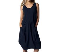 Baumwolle Leinen Tankkleid Damen Mode Einfarbige Sommerkleid Locker Große Größen Freizeitkleid Ärmellos Tank A-Linien Kleid Boho Rundhals Strandkleid Knielang Urlaubskleid mit Taschen Partykleid