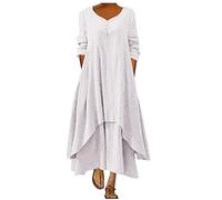 Baumwollkleid Damen Leinenkleid Kurzarm mit Taschen Lose Schwarzes Kleid Lang O-Ausschnitt Baumwollkleid Mit Knöpfen Oversize Freizeitkleid Casual Sommerkleid Strandkleid Große Größe Urlaubs