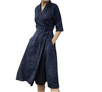 Baumwollkleid Damen Sommer Hemd Kleider Kurzarm Midi Freizeitkleid mit Schlitz Casualkleid Strandkleid Hemdkragen A-Linie Knielang Kleid Aus Leinen Damen Brautjungfernkleider Blau S-XXL