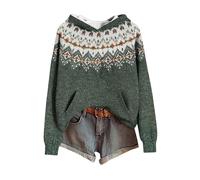 Baumwollpullover Damen Damen Pullover Langarm Lose Gestrickte Kapuze mit Norwegermuster Übergröße Bequem mit Tasche Winter Oberteile Relax Fit Jumpers L Dark Green