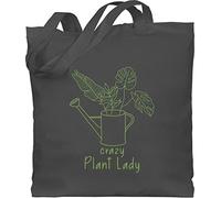Baumwolltasche - Blumen & Pflanzen - Crazy Plant Lady grün - Unisize - Dunkelgrau - beutel mit blume pflanze pflanzenliebhaber jutebeutel tote bag with flowers plants stofftasche baumwoll braut