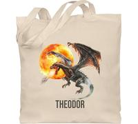 Baumwolltasche - Feuerdrache mit Name | Drachenmotiv | Drache | Drachenliebhaber - Unisize - Naturweiß - gift bag dragon dragons drachen tasche beutel und personalisierte bedrucken drauf geschenke
