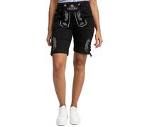 Bavarigo Kurze Jeans Damen Trachtenjeans im Lederhosen Look - Kurze Hose Damen - Shorts für Oktoberfest und andere Festlichkeiten - Bequeme Passform Dank Stretch Einsatz - Denim Schwarz - S