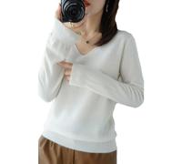 BAWUTZ Kaschmirpullover für Damen,V-Hals Pullover Herbst und Winter Pullover,Strickpulli Langarm Rolli Sweater für Herbst Winter, 100% Wolle Kaschmir Pullover Damen Lose Casual Strick (Weiß,L)