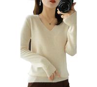 BAWUTZ Kaschmirpullover für Damen,V-Hals Pullover Herbst und Winter Pullover,Strickpulli Langarm Rolli Sweater für Herbst Winter, 100% Wolle Kaschmir Pullover Damen Lose Casual Strick (Aprikose,L)