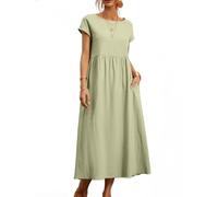 BAWUTZ Sommerkleid Damen Leinen Kleider, Shirtkleider Freizeitkleid mit Taschen,Damen Kleid, Baumwoll Leinen Kleider, Vintage Einfarbig Sommerkleid (Hellgrün,XXL)