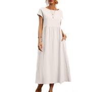 BAWUTZ Sommerkleid Damen Leinen Kleider, Shirtkleider Freizeitkleid mit Taschen,Damen Kleid, Baumwoll Leinen Kleider, Vintage Einfarbig Sommerkleid (Weiß,M)