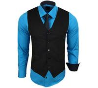 Baxboy Herren Hemd mit Weste Krawatte Anzugs Sakko Business Hochzeit Freizeit Hemden Frack Herrenweste Set wählbar B-44-HWKR, Farbe:Türkis, Größe:L