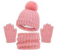 Baynetin Kinder Wintermütze Schal Handschuhe Set, 3 Stück Mädchen Warme Pompom Beanie Hut Touchscreen Handschuhe Runder Schal Set mit Fleece Gefüttert für Jungen Mädchen 2-8 Jahre (Rosa2)