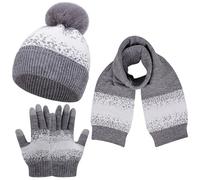 Baynetin Wintermütze Schal Handschuhe Set für Frauen, Männer & Paare - Wärmendes Strick-Set mit Schneeflocken-Muster, Pom-Mütze, Snood/langer Schal, Touchscreen-Handschuhen - 3-Teilig (Z_Grau)