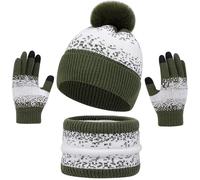 Baynetin Wintermütze Schal Handschuhe Set für Frauen, Männer & Paare - Wärmendes Strick-Set mit Schneeflocken-Muster, Pom-Mütze, Snood/langer Schal, Touchscreen-Handschuhen - 3-Teilig (Grün)