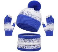 Baynetin Wintermütze Schal Handschuhe Set für Frauen, Männer & Paare - Wärmendes Strick-Set mit Schneeflocken-Muster, Pom-Mütze, Snood/langer Schal, Touchscreen-Handschuhen - 3-Teilig (Königsblau)