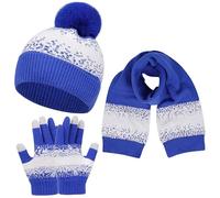 Baynetin Wintermütze Schal Handschuhe Set für Frauen, Männer & Paare-Wärmendes Strick-Set mit Schneeflocken-Muster,Pom-Mütze Snood/langer Schal, Touchscreen-Handschuhen-3-Teilig(Z_Königsblau)