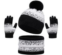 Baynetin Wintermütze Schal Handschuhe Set für Frauen, Männer & Paare - Wärmendes Strick-Set mit Schneeflocken-Muster, Pom-Mütze, Snood/langer Schal, Touchscreen-Handschuhen - 3-Teilig (Schwarz)