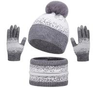 Baynetin Wintermütze Schal Handschuhe Set für Frauen, Männer & Paare - Wärmendes Strick-Set mit Schneeflocken-Muster, Pom-Mütze, Snood/langer Schal, Touchscreen-Handschuhen - 3-Teilig (Grau)