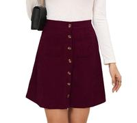 Bbkkuck Damen Cordrock mit Knopfleiste, hohe Taille, A-Linie, plissiert, kurzer Minirock mit Taschen, 1-weinrot, Klein