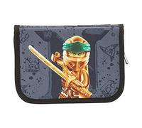 BBM Lego Bags Federmäppchen, Federmappe 20 teilig gefüllt, Federtasche mit Lego NINJAGO Gold Motiv, Stiftebox grau, Schüleretui mit Inhalt, Schul Etui mit Namensfeld, Stundenplan, Lineal und Anspitzer