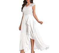 Bbonlinedress Abendkleid elegant für Hochzeit Glitzer Kleid Chiffon Abschlusskleid lang festliches Spitze Brautkleid mit Pailletten Party Ballkleid Cocktailkleid White L