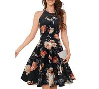 Bbonlinedress Cocktailkleid Damen Sommerkleid Blumendruck Neckholder Festliche Kleider Brautkleid Abendkleider elegant für Hochzeit Black Yellow Rose XL