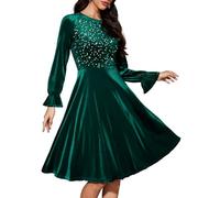 Bbonlinedress Glitzer Kleid Damen Samtkleid elegant Knielang Langarm Winterkleider festliches Weihnachtskleid mit Pailletten Party Cocktailkleid Dark Green 3XL