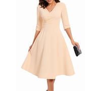 Bbonlinedress Rockabilly Kleider Damen Abendkleider elegant für Hochzeit Winterkleid lang festliches Kleid mit Taschen Party Cocktailkleid Beige L