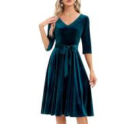 Bbonlinedress Samtkleid Damen Langarm Midilang Abendkleid elegant für Hochzeit Winter Festliche Kleider Vintage Rockabilly Cocktailkleid Party Weihnachtskleid Turquoise 2XL