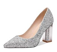 bbruriy Damen Glitzer Chunky Blockabsatz High Heels Sexy Spitzschuh Kristall Blockabsatz Slip-On Pumps Hochzeit Basic Abendkleid Schuhe 8,5 cm,Silber,37