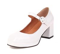 bbruriy Damen-Mary-Jane-Schuhe mit Plateau-Absätzen, klobigem Blockabsatz, geschlossene quadratische Zehenpartie, Knöchelriemen, Patent-Büro-Party-Komfort, lässige Abendschuhe,Weiß,44