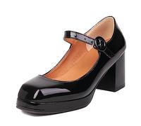 bbruriy Damen-Mary-Jane-Schuhe mit Plateau-Absätzen, klobigem Blockabsatz, geschlossene quadratische Zehenpartie, Knöchelriemen, Patent-Büro-Party-Komfort, lässige Abendschuhe,Schwarz,39