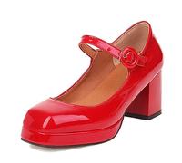 bbruriy Damen-Mary-Jane-Schuhe mit Plateau-Absätzen, klobigem Blockabsatz, geschlossene quadratische Zehenpartie, Knöchelriemen, Patent-Büro-Party-Komfort, lässige Abendschuhe,Rot,38
