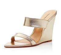 bbruriy Damen-Pantoletten mit Keilabsatz und spitzer Zehenpartie, Slip-on-Sandalen mit Zwei Riemen und Absatz, offene Zehen, Keilabsatz, Kunstleder, rückenfrei, High Heels, Pumps, Party,Gold,40