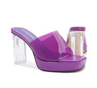 bbruriy Damen-Plateau-Sandalen, transparent, klare Blockabsätze, Hausschuhe, rückenfrei, quadratisch, Peep-Toe, Slip-on-Mules mit Absatz und Abendschuhe,Lila,41