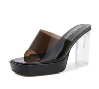 bbruriy Damen-Plateau-Sandalen, transparent, klare Blockabsätze, Hausschuhe, rückenfrei, quadratisch, Peep-Toe, Slip-on-Mules mit Absatz und Abendschuhe,Schwarz,44