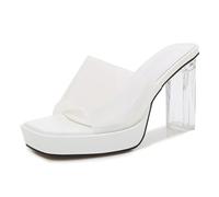 bbruriy Damen-Plateau-Sandalen, transparent, klare Blockabsätze, Hausschuhe, rückenfrei, quadratisch, Peep-Toe, Slip-on-Mules mit Absatz und Abendschuhe,Weiß,45