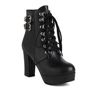 bbruriy High Heel Stiefel für Damen, Damen Chunky Heel Plateaustiefel Heels Sexy Round Toe Lace Up High Heels Mid Wadenstiefel Herbst Winter Mode Kleid Schuh Große Größe 32-48,Schwarz,33