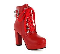 bbruriy High Heel Stiefel für Damen, Damen Chunky Heel Plateaustiefel Heels Sexy Round Toe Lace Up High Heels Mid Wadenstiefel Herbst Winter Mode Kleid Schuh Große Größe 32-48,Rot,41