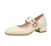 bbruriy Klobige Absätze für Damen, niedrige Blockabsätze, geschlossene Zehen, Mary-Jane-Schuhe, Bequeme Pumps für Kleid, Büro, Kirche, mit doppelten Knöchelriemen,Beige,38