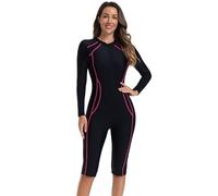 Beachkini Damen-Einteiler mit Langen Ärmeln Und Reißverschluss,Schwarz mit Roten Streifen,UV-Schutz-Badeanzug,Roter Streifen,L