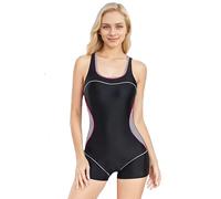 Beachkini Swimwear Women's Boyleg One Piece Swimsuit Sports Swimming Open Back Swimsuit Competitive Bathing Suit,Black Stripes,EU 50