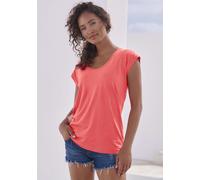 Kurzarmshirt BEACHTIME BY LASCANA "mit leicht transparenten Streifen", Damen, Gr. 40/42, orange (koralle, creme), Obermaterial: 50% Baumwolle, 50% Viskose, gestreift, Basic, bequem normal, tiefer Rund