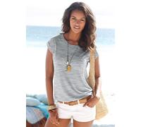 Kurzarmshirt BEACHTIME BY LASCANA "mit Struktureffekt", Damen, Gr. 32/34, schwarz (schwarz, meliert, grau, meliert), Obermaterial: 85% Polyester, 15% Viskose, meliert, Basic, bequem, Rundhals, Umschla